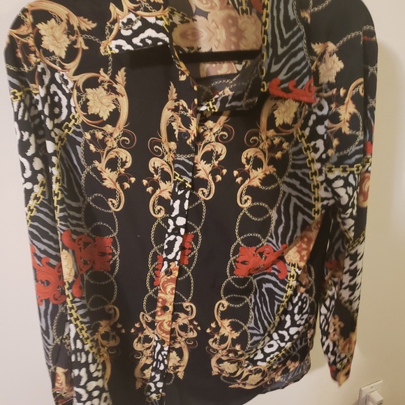 Black print long sleeve blouse shirt button down - Picture 3 of 6